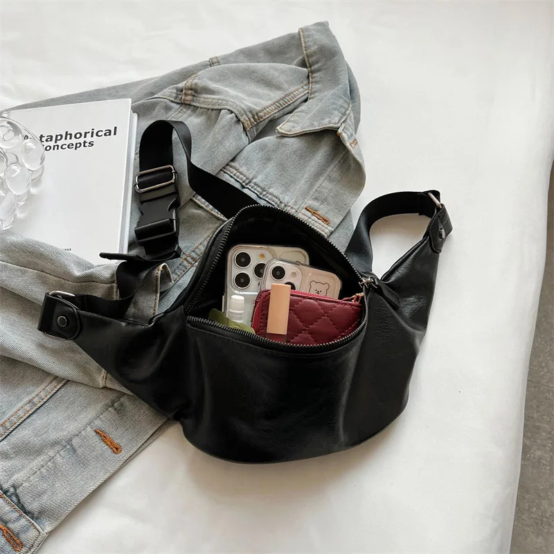 Women Chest Bag Black Leather Shoulder Crossbody Bags For Ladies Belt Bag Female Waist Pack Fanny Packs Phone Walle 250630