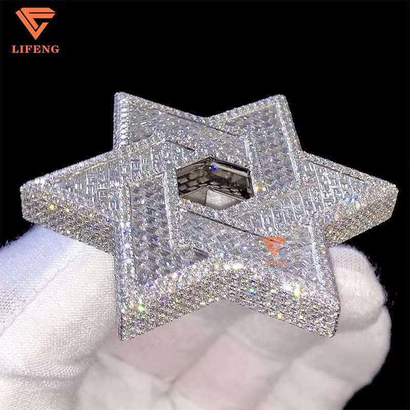 VVS Baguette Round Cut Moissanite Hip Hop Star of David Pendant Full Iced Out 18K Solid Gold Rappers Charm Pendant for Unisex