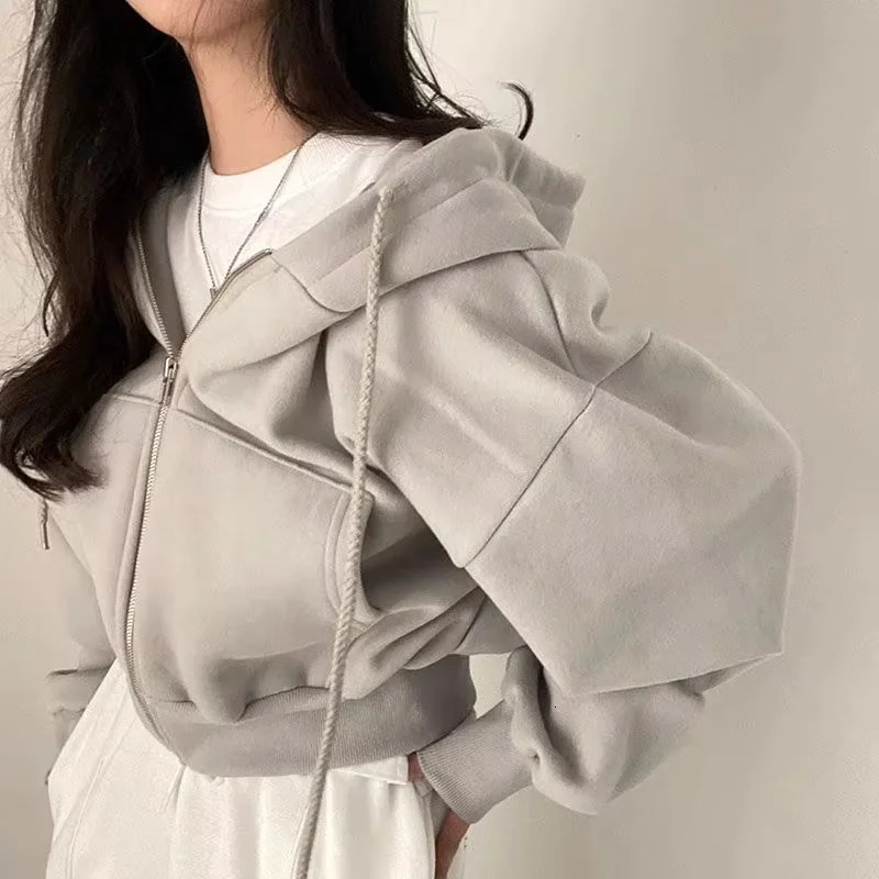 Autumn And Winter Instagramsadd Velvet Fashion Short Slim Zipper Warm Solid Color Hoodie Woman Simple 250709