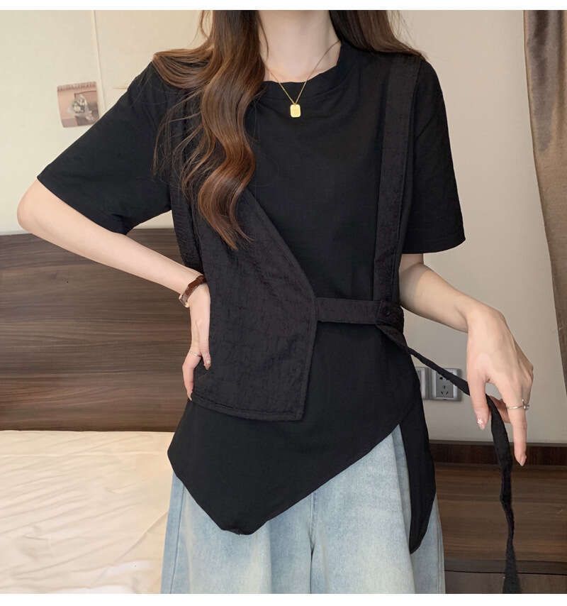 Summer New Women's Short Sleeve T-Shirt, Slimming Loose Fit, Irregular Fake Two-Piece Top For Plus Size Women B5