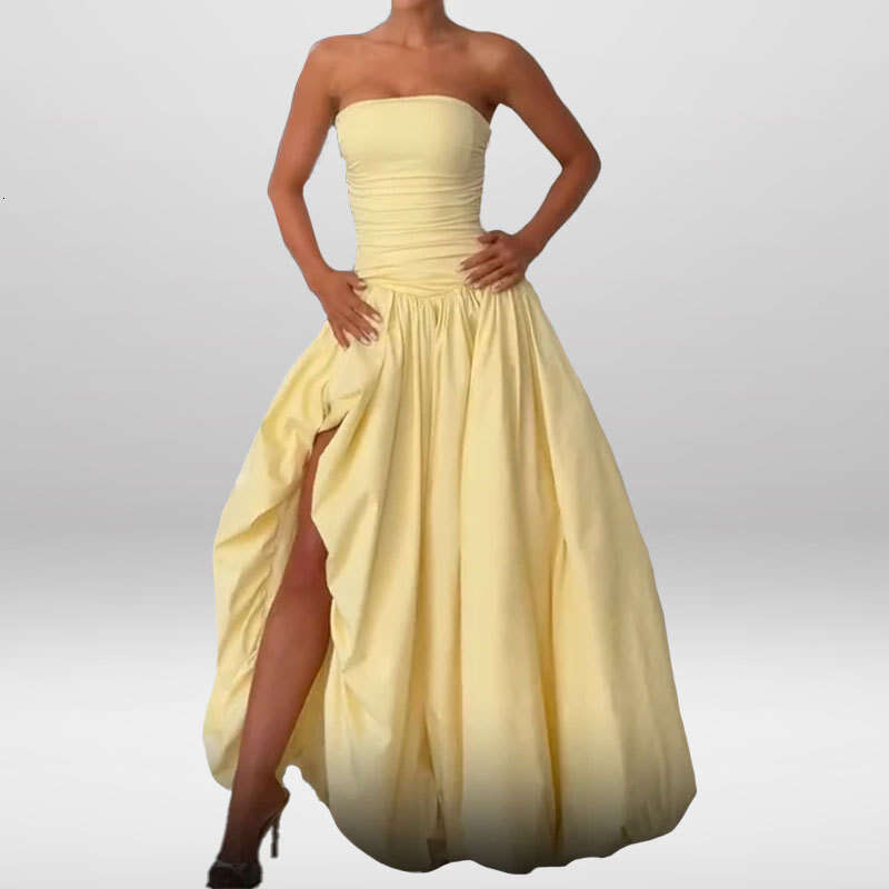 Summer New Women's Strapless Split Tie Solid Color Elegant Fashion Dress B5