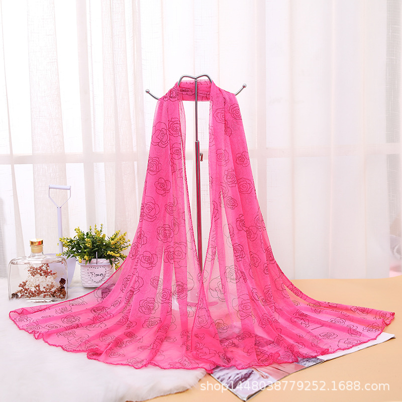 K1294 Factory price Korean style long rose print silk scarf chiffon beauty yarn scarf female yarn scarf