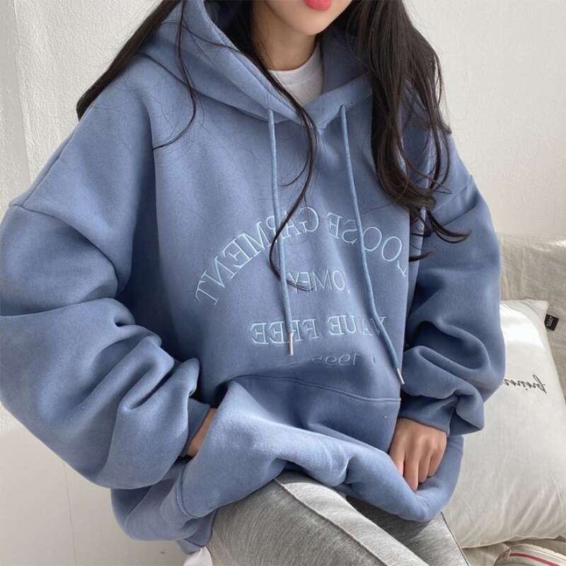Hooded Sweatshirt For Women New Loose Fit Autumn Winter Thickened Fleece Jacket Plus Size Top Internet Celebrity B5