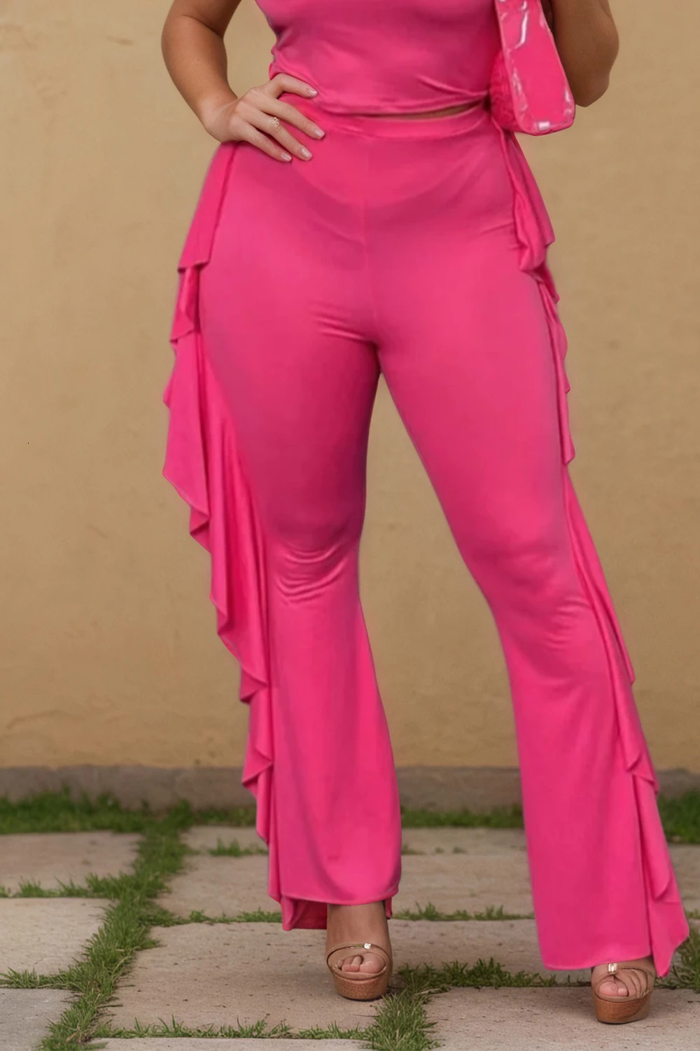 Plus Size Women Twopiece Set Clothing Summer Solid Color Tank Top Ruffle Pants Lady Vest Trousers Casual Trendy Suit 250709