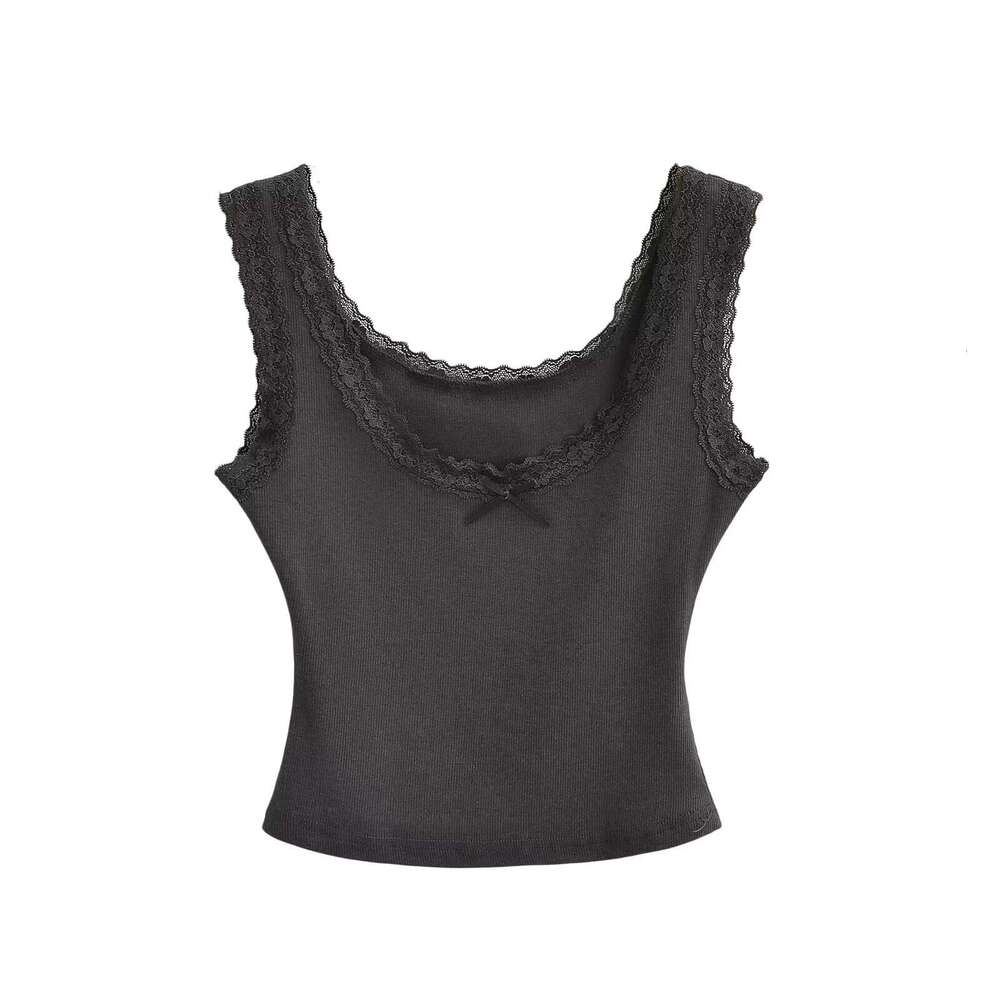 Summer Hot Girl Low Round Neck Lace Trim Bowknot Tank Top Women Short Elastic Slim Fit Sleeveless Camisole B5