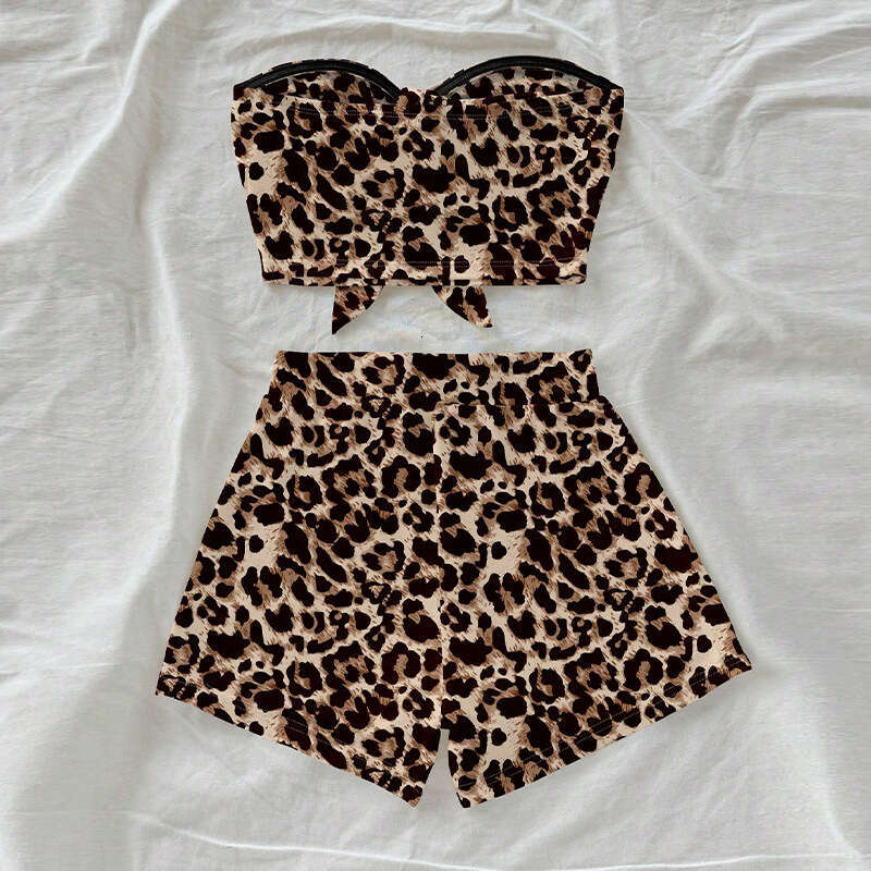 Summer Vacation Style Leopard Print Strapless Short Set Hot Girl Two-Piece Outfit For Women B5