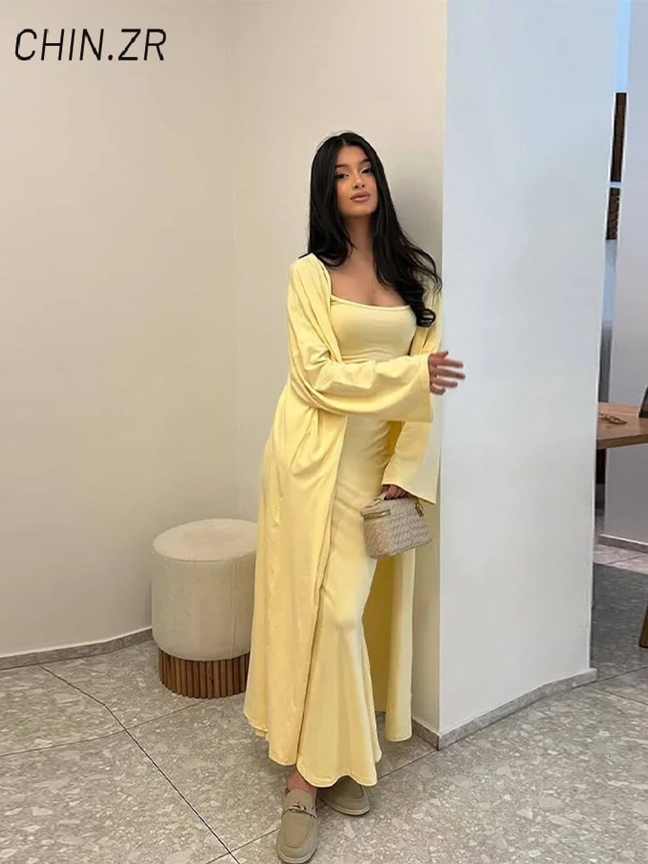 2 Piece Set Women Slim Sleeveless Dresses Casual Long Sling Dress Cardigan Solid Full Sleeve Cardigans Summer Lady Outfit 250709