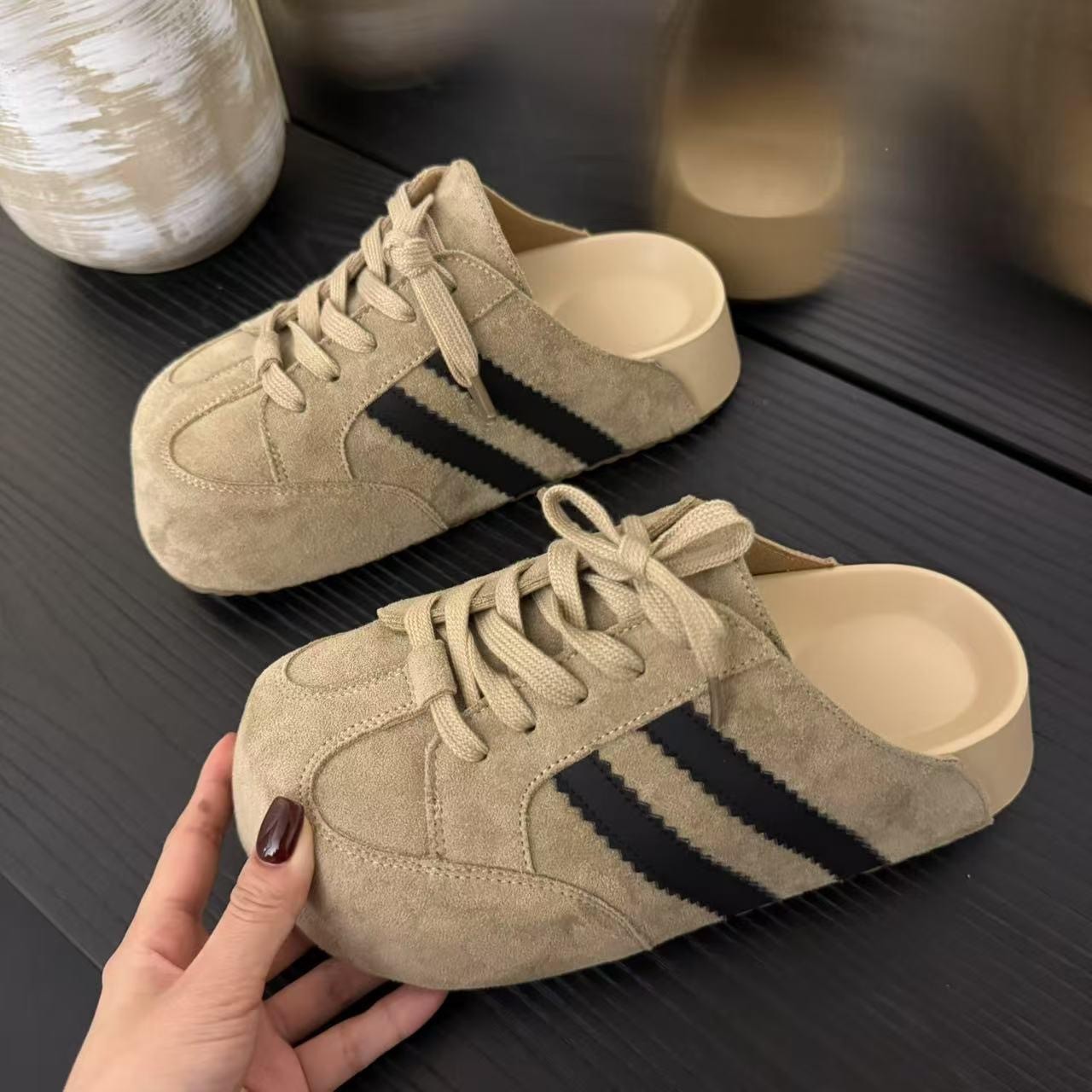 Free shipping slippers Thick soled Designer slipper height increasing lace up foot pedaling shoes with toe caps half slippers women outdoor wear hot