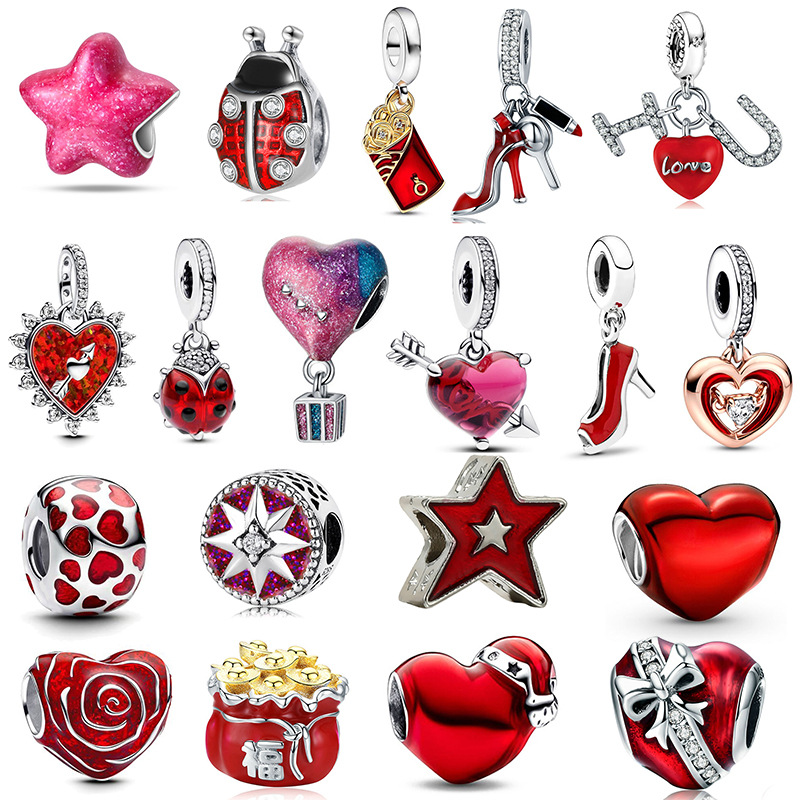 20pcs Red Romantic Valentine's Day Cupid's Sword Love Heart Bow Charm Beads Fits European Original Bracelet Women 925 Silver Pendant Beads DIY Fine Jewelry Gifts