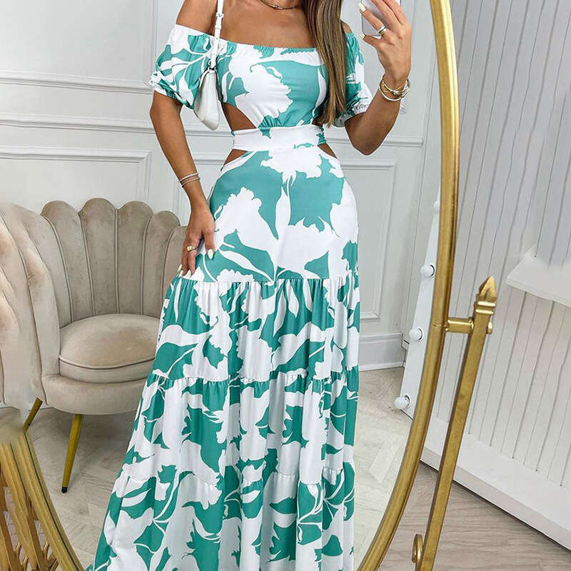Summer New Women's Fashion Elegant Sexy Printed Hollow Lace-Up Flared Waist Dress B5