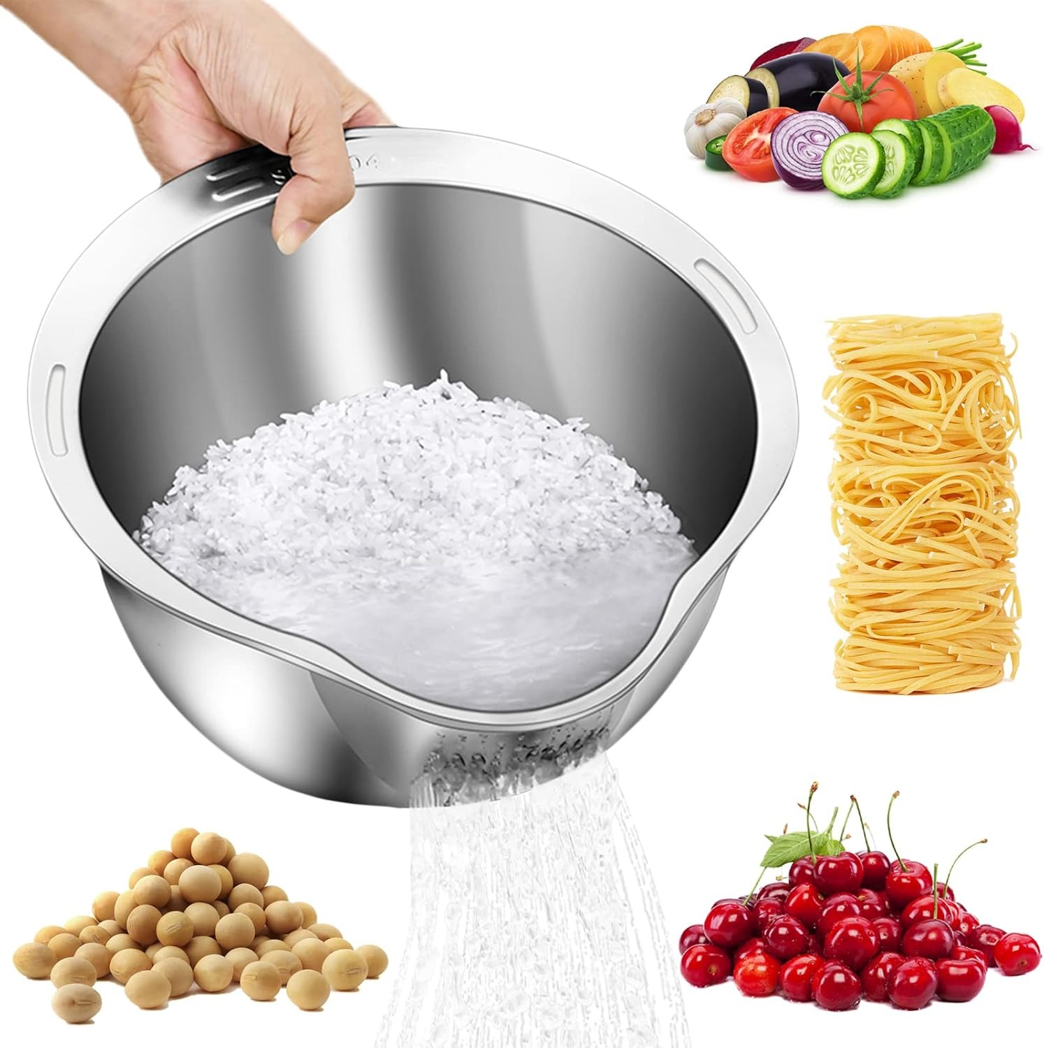 4-in 1 Stainless Steel Rice Washer Strainer Bowl Multi-Purpose Colander for Quinoa, Beans, Fruits Vegetables Side Drain Holes for Effortless Rinsing