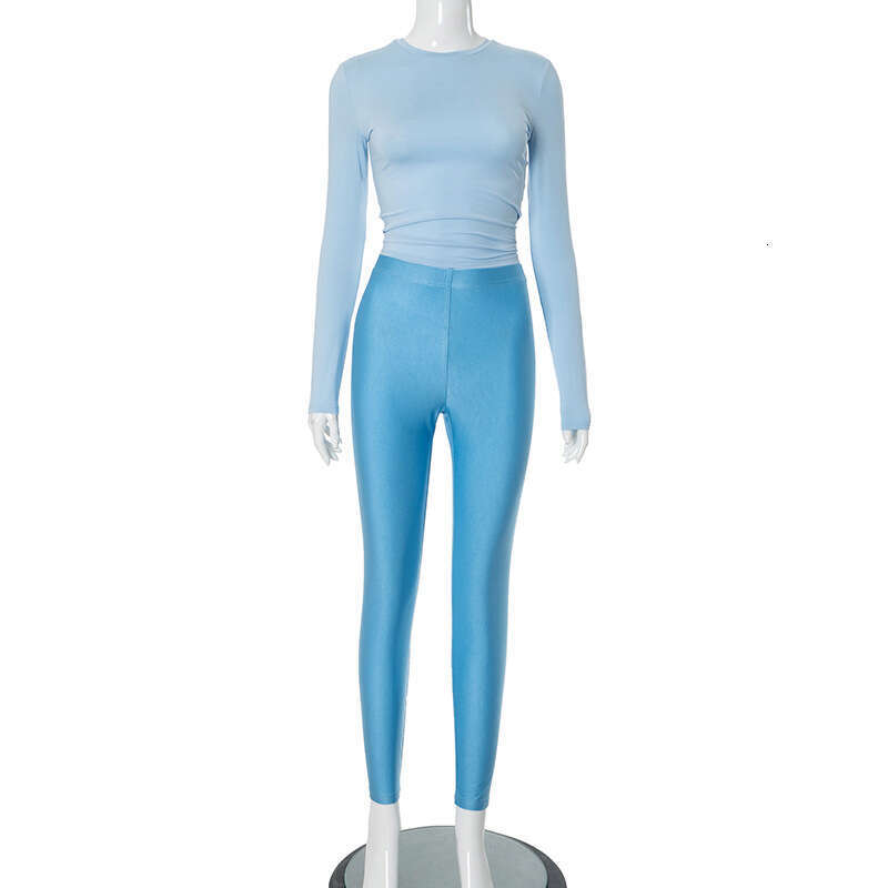 new Autumn Women's Round Neck Sleeve High Waist Slimming Long Pants Casual Set B5