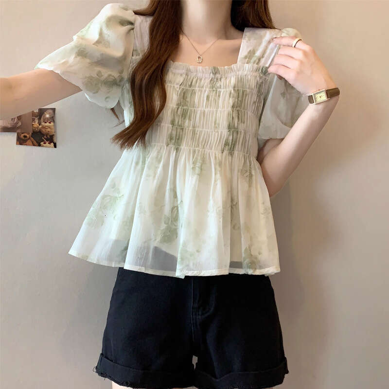 French Style Square Neck Floral Short Sleeve Shirt Women, Summer Plus Size, Slimming, Ruched, Elegant Chiffon Blouse For Women B5
