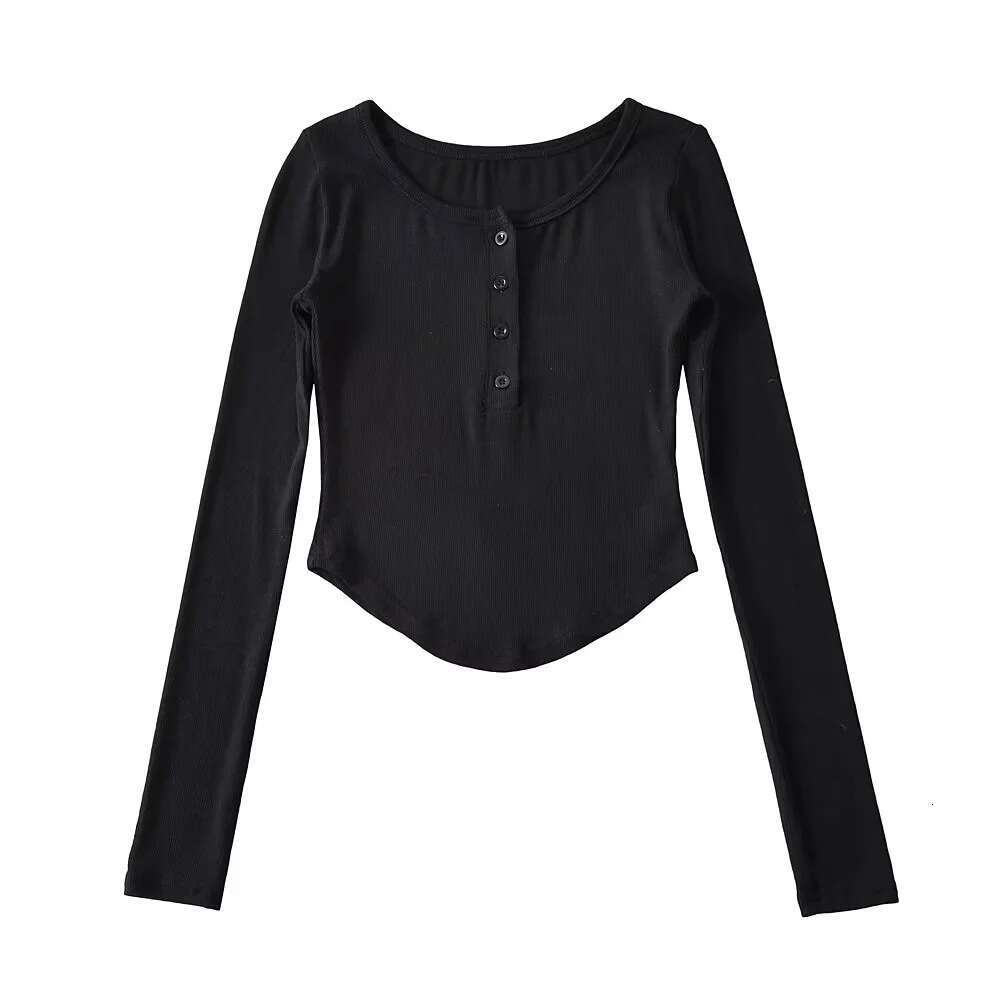 Spicy Girl Half-Button Round Neck Curved Edge Long Sleeve T-Shirt Base Shirt For Women Solid Color Stretch Slim Fit Inner Wear Top B5