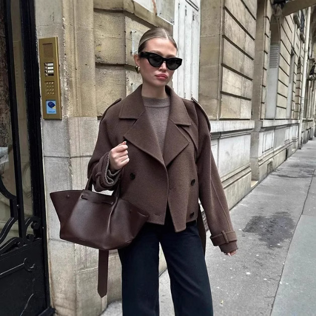 Womens Casual Loose Double-Buckle Turn-Down Collar Elegant Woolen Coat