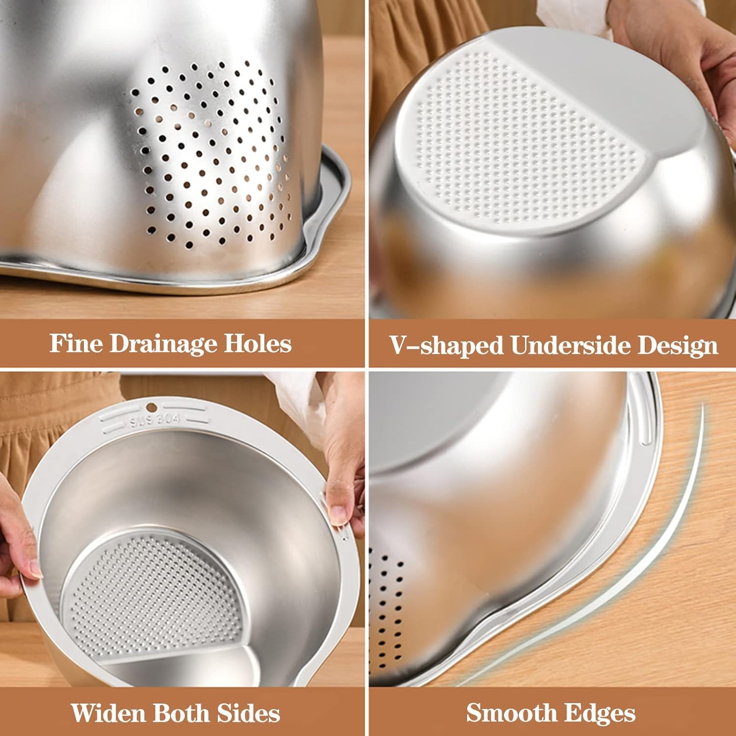 4-in 1 Stainless Steel Rice Washer Strainer Bowl Multi-Purpose Colander for Quinoa, Beans, Fruits Vegetables Side Drain Holes for Effortless Rinsing