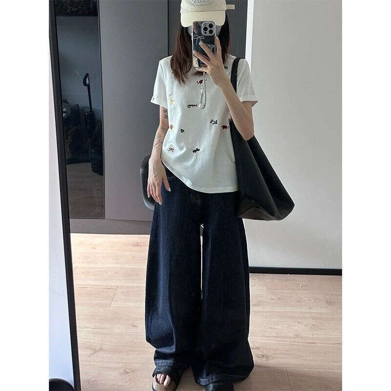 Pure Cotton Korean Style Cute Embroidery Regular Shoulder White Short Sleeve T-Shirt For Women Summer New Design Sense Niche Top B5