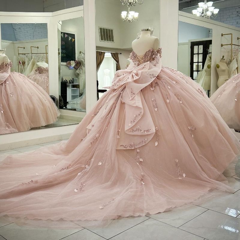 Pink Shiny Quinceanera Dresses Ball Gown Off Shoulder Appliques Lace Bow Beading Tull Birthday Payty Sweet 16 Dress Vestidos 15 De Anos