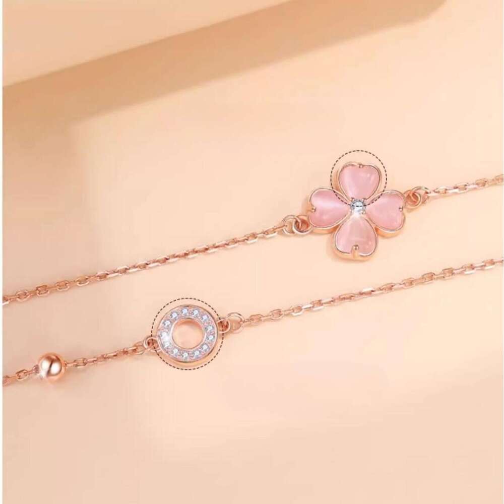 DHcollections Pink Four-Leaf Clover Women Heart-Shaped Cat's Eye Stone Double-Layer Bracelet Fresh Sweet Ins Style Summer Jewelry for Girls
