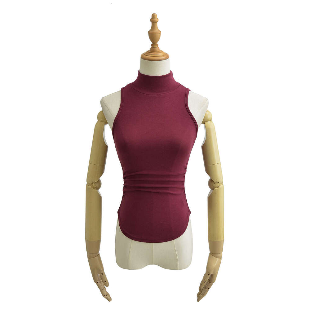 Hot Girl Half High Collar Curved Hem Tank Women Summer Inner Wear Ruched Tight Sleeveless Base Shirt Top B5
