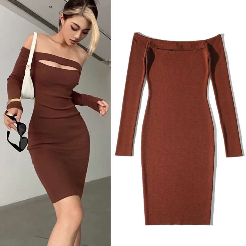 Ins Sexy Off-Shoulder One-Shoulder Hollow-Out Knitted For Women Autumn Tight-Fitting Bodycon Short Dress B5
