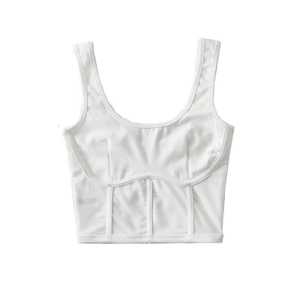 Spring Summer U-Neck Fishbone Label Mesh Patchwork For Women Stretch Slim Fit Backless Base Tank Top B5