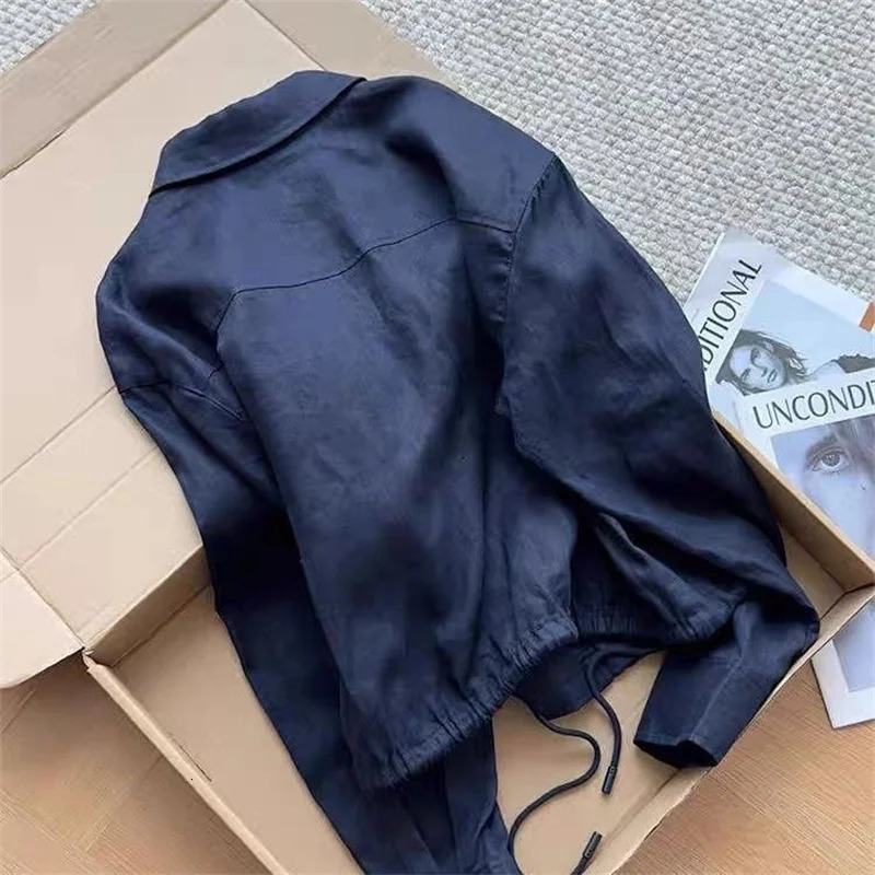 Limiguyue Loose Casual Navy Linen Cargo Short Coat Women Turn Down Collar Long Sleeve Zipper Jacket Korean Pocket Outerwear S596 250709