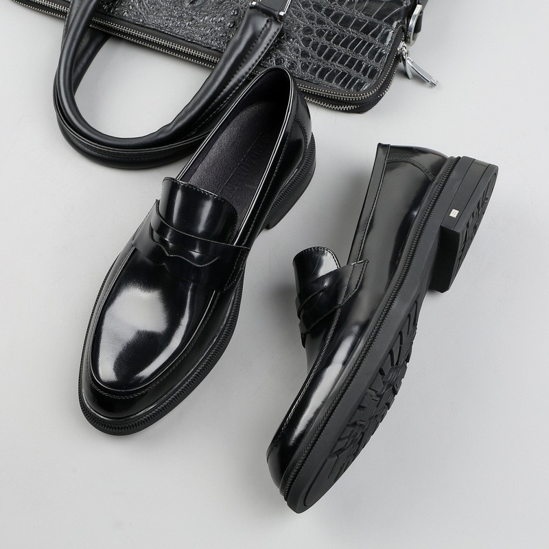 New British men's business casual leather shoes with one foot thick sole round toe loafers genuine leather breathable and comfortable