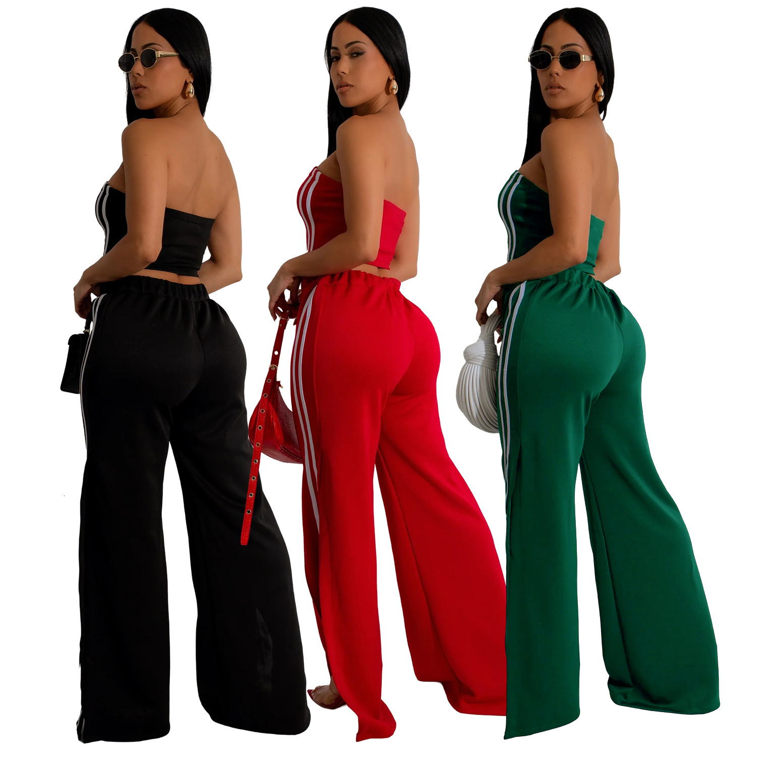 C7056 Summer Womens Outfit Sexy Strapless Top with Draped Straight-Leg Pants Fashion Set
