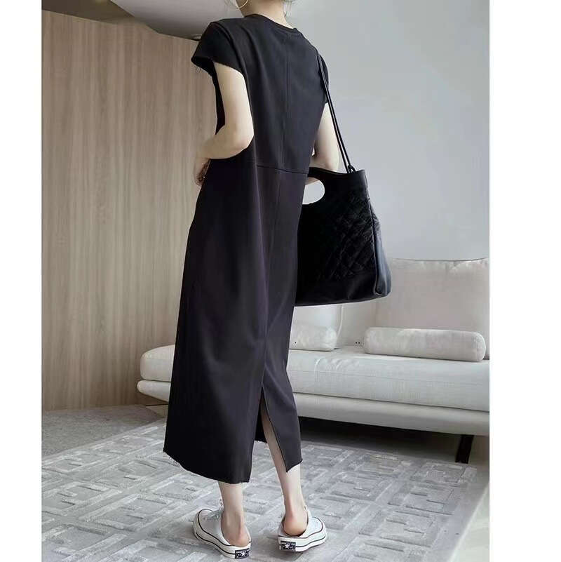 White Niche Design Short Sleeve T-Shirt Straight For Women Summer New High-End Long Dress B5