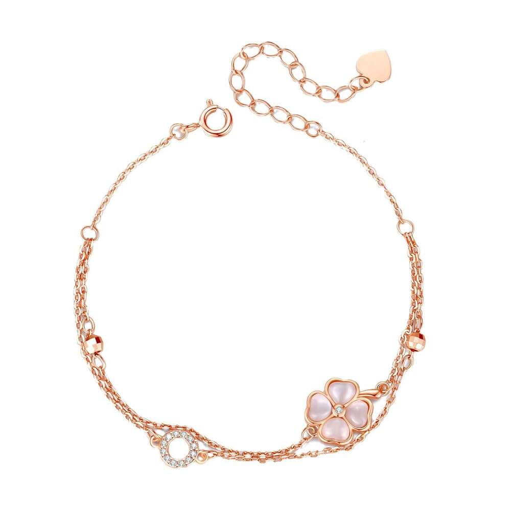 DHcollections Pink Four-Leaf Clover Women Heart-Shaped Cat's Eye Stone Double-Layer Bracelet Fresh Sweet Ins Style Summer Jewelry for Girls