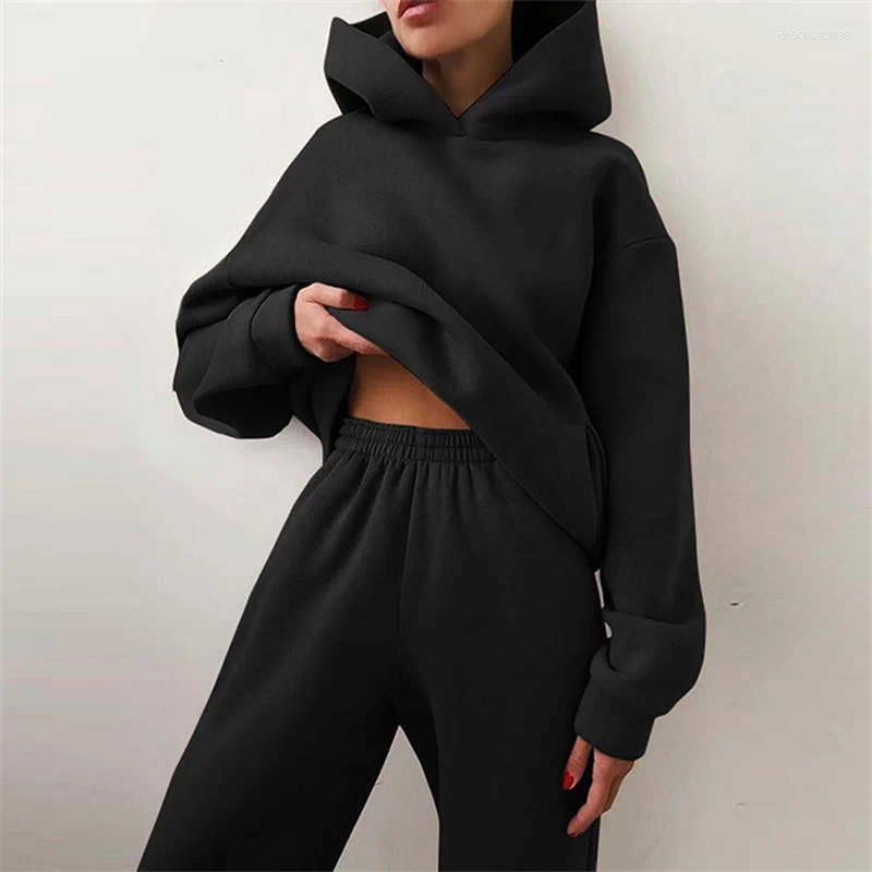 Women's Two Piece Pants Tracksuit Suit Autumn Fashion Warm Hoodie Sweatshirts Pieces Solid Casual Hoody Pullovers Long Pant Sets