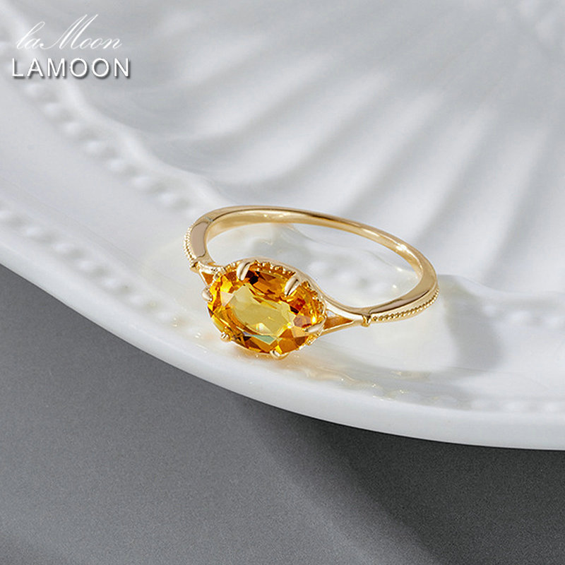 LAMOON Vintage Bijou Wedding Engagement Ring For Women Natural Citrine Gemstone Rings 925 Sterling Silver Gold Plated Jewelry