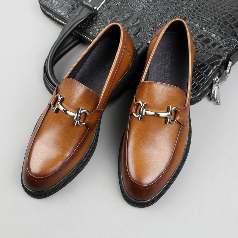 Loafers men's height-enhancing thick sole, leather buckle men's shoes round toe genuine leather soft sole, European style