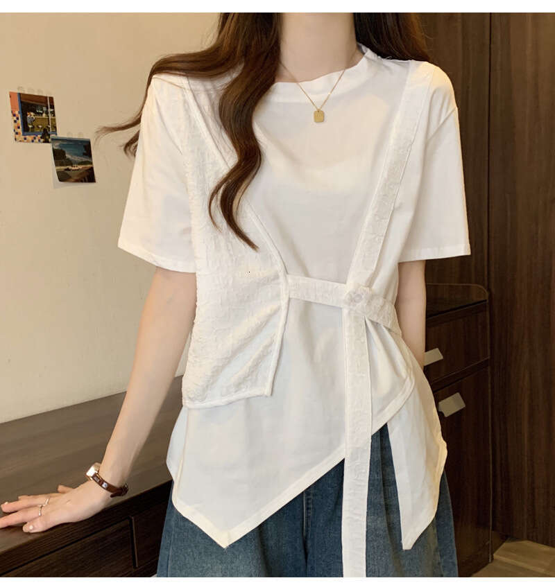 Summer New Women's Short Sleeve T-Shirt, Slimming Loose Fit, Irregular Fake Two-Piece Top For Plus Size Women B5