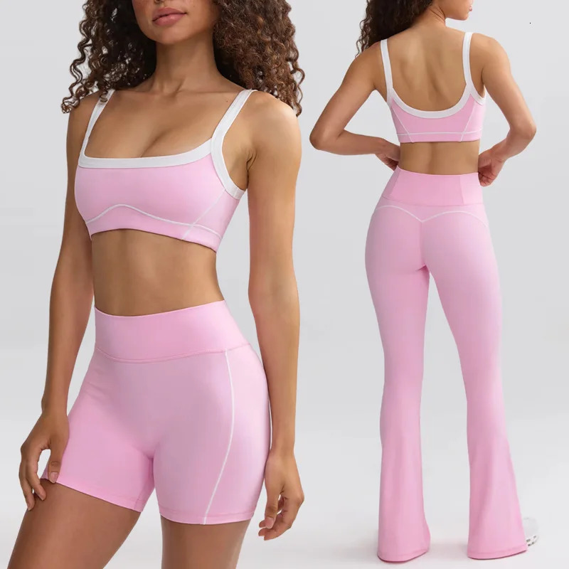 Yoga Set Workout Clothes for Women Sports Bra Shorts Leggings Two-piece Set Outfits Pink Contrast Gym Set Tracksuit Women 250708