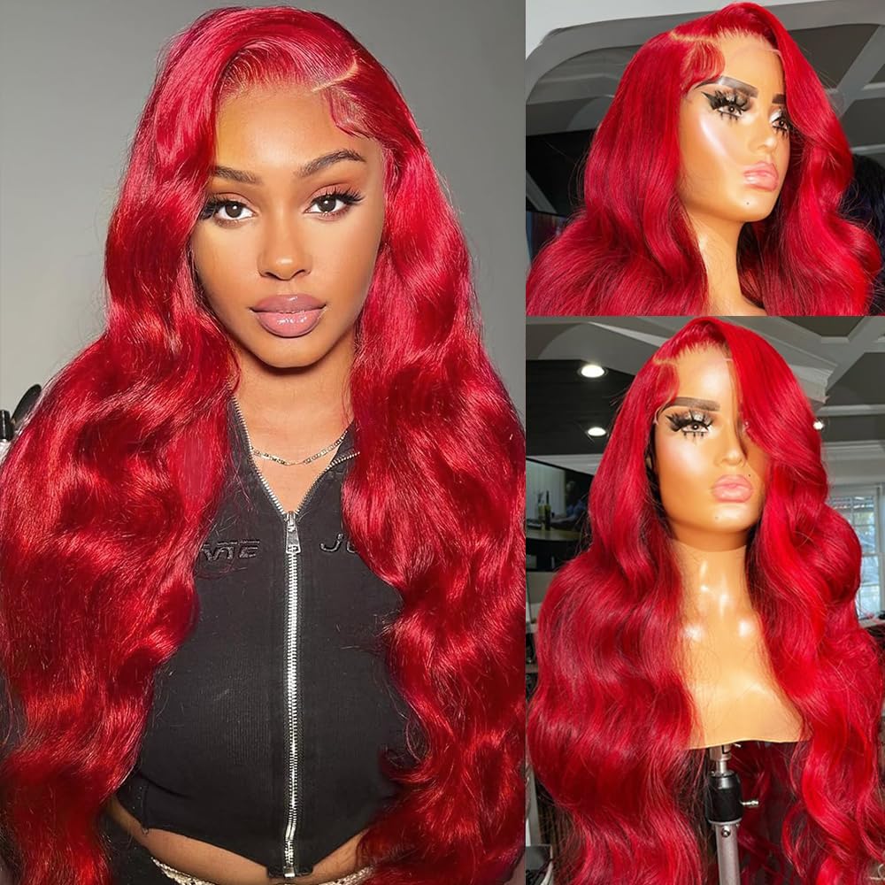 Red Colored Hair Similar to Real Human Hair Wigs Body Wave 13x4 Lace Front Wigs For Black Women Synthetic Wigs Middle Part 28 inch Heat Resistant Natu