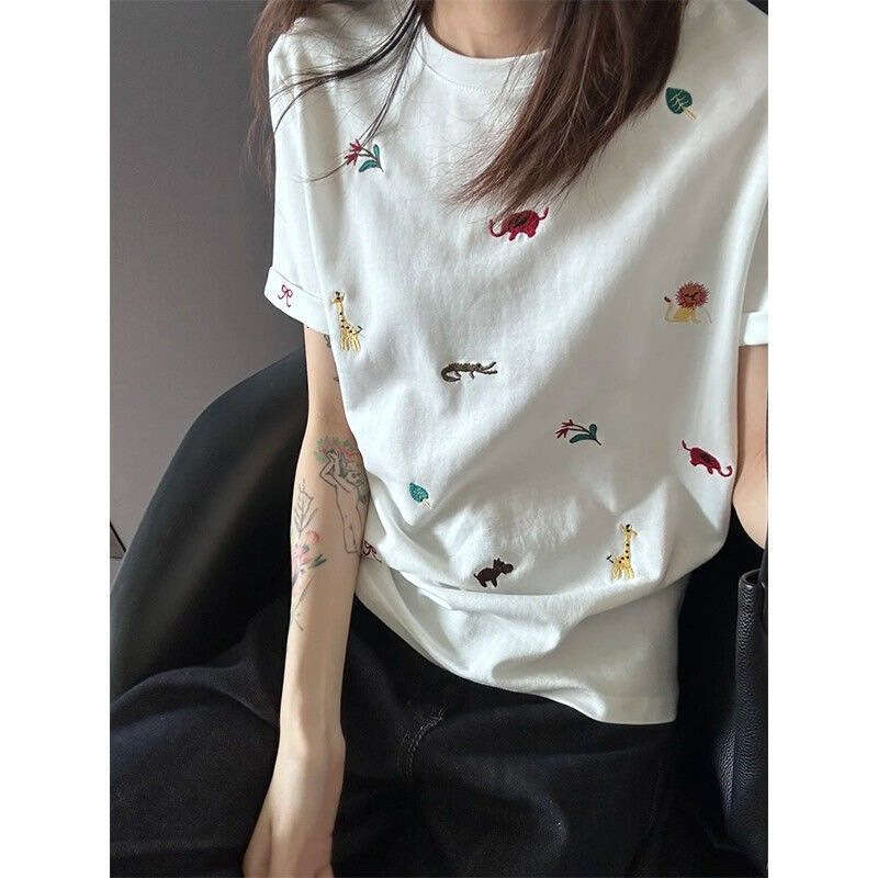 Pure Cotton Korean Style Cute Embroidery Regular Shoulder White Short Sleeve T-Shirt For Women Summer New Design Sense Niche Top B5