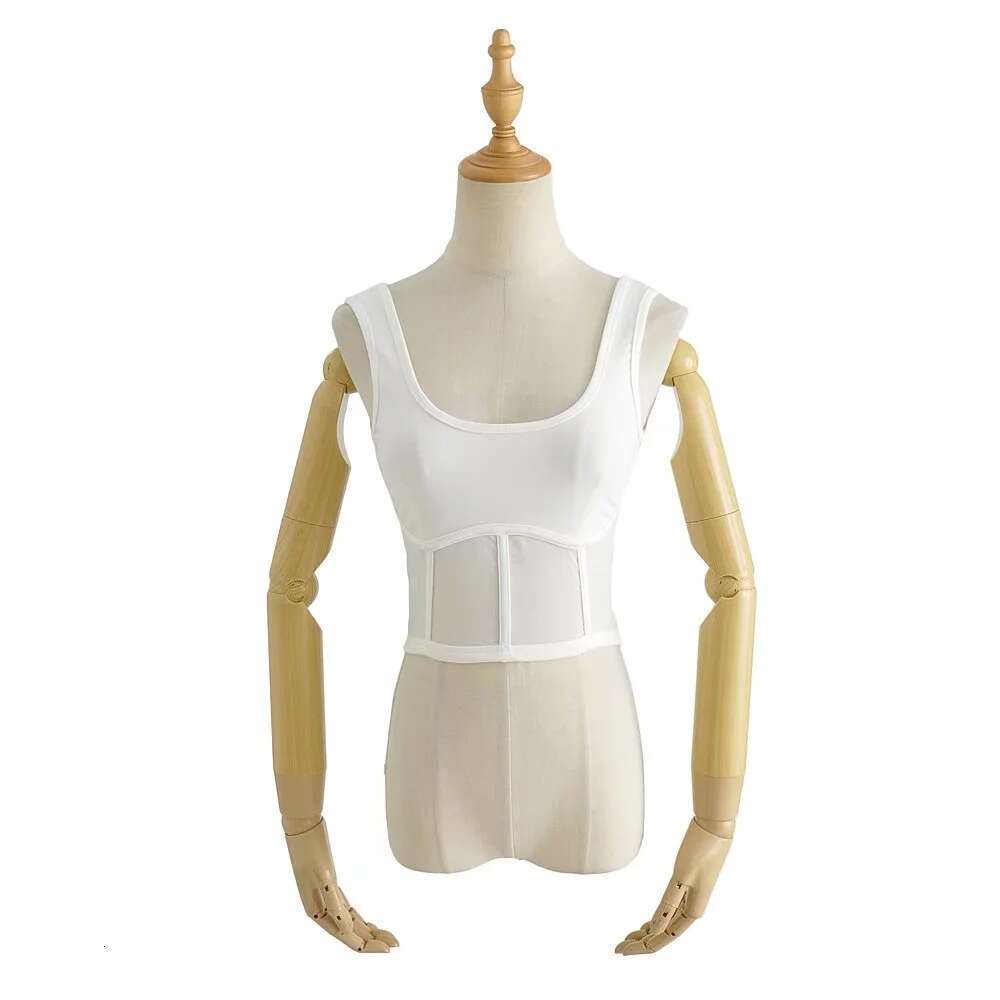 Spring Summer U-Neck Fishbone Label Mesh Patchwork For Women Stretch Slim Fit Backless Base Tank Top B5