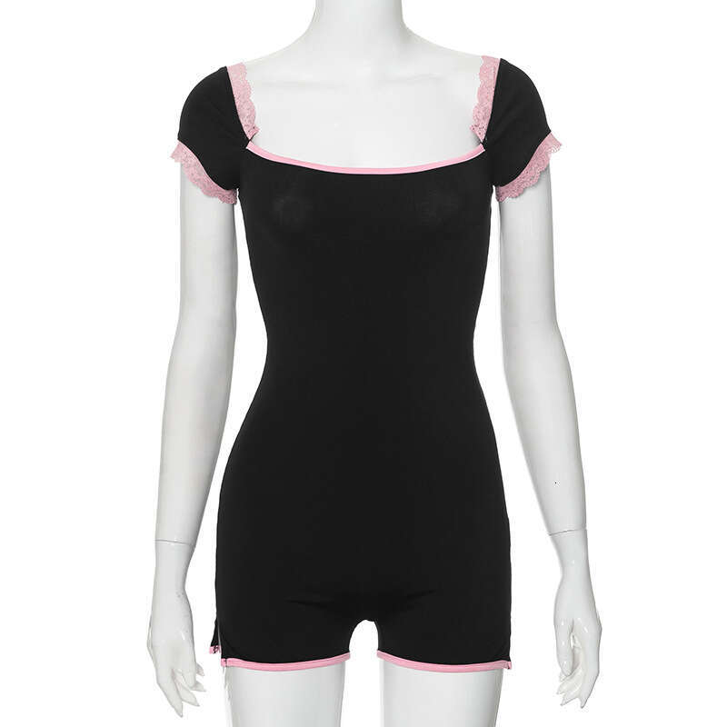 Lace Trim Color-Block Square Neck Slim Fit Basic Sexy Girl One-Piece Shorts B5