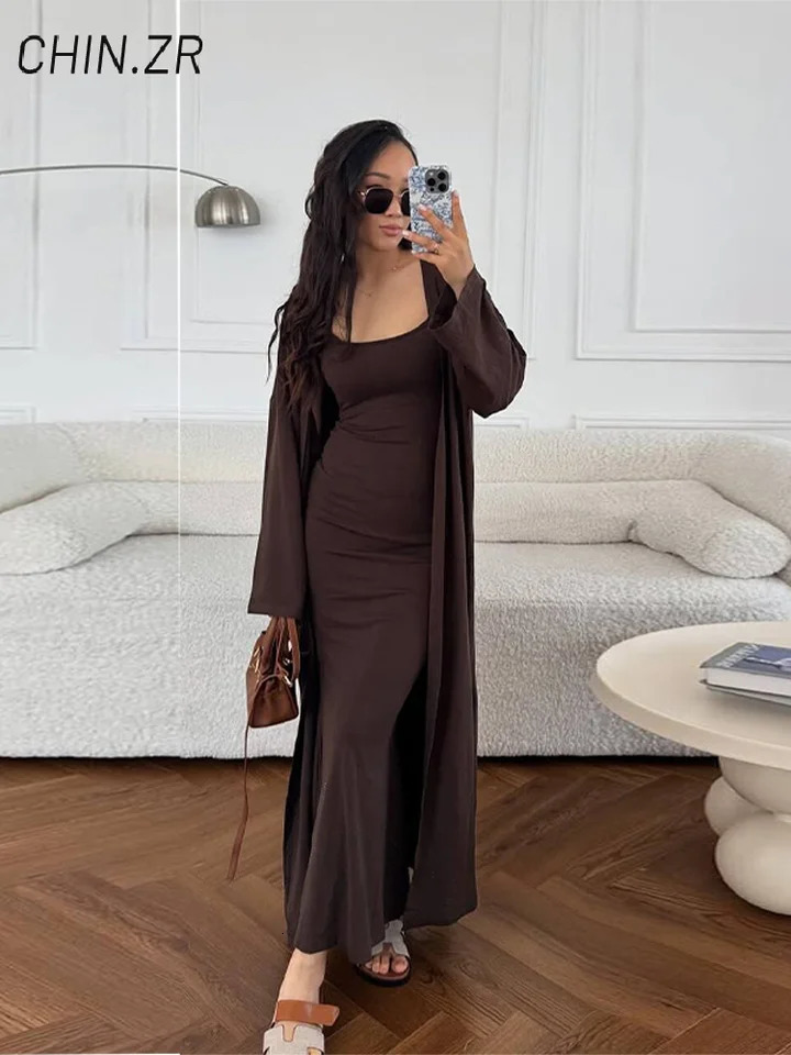 2 Piece Set Women Slim Sleeveless Dresses Casual Long Sling Dress Cardigan Solid Full Sleeve Cardigans Summer Lady Outfit 250709