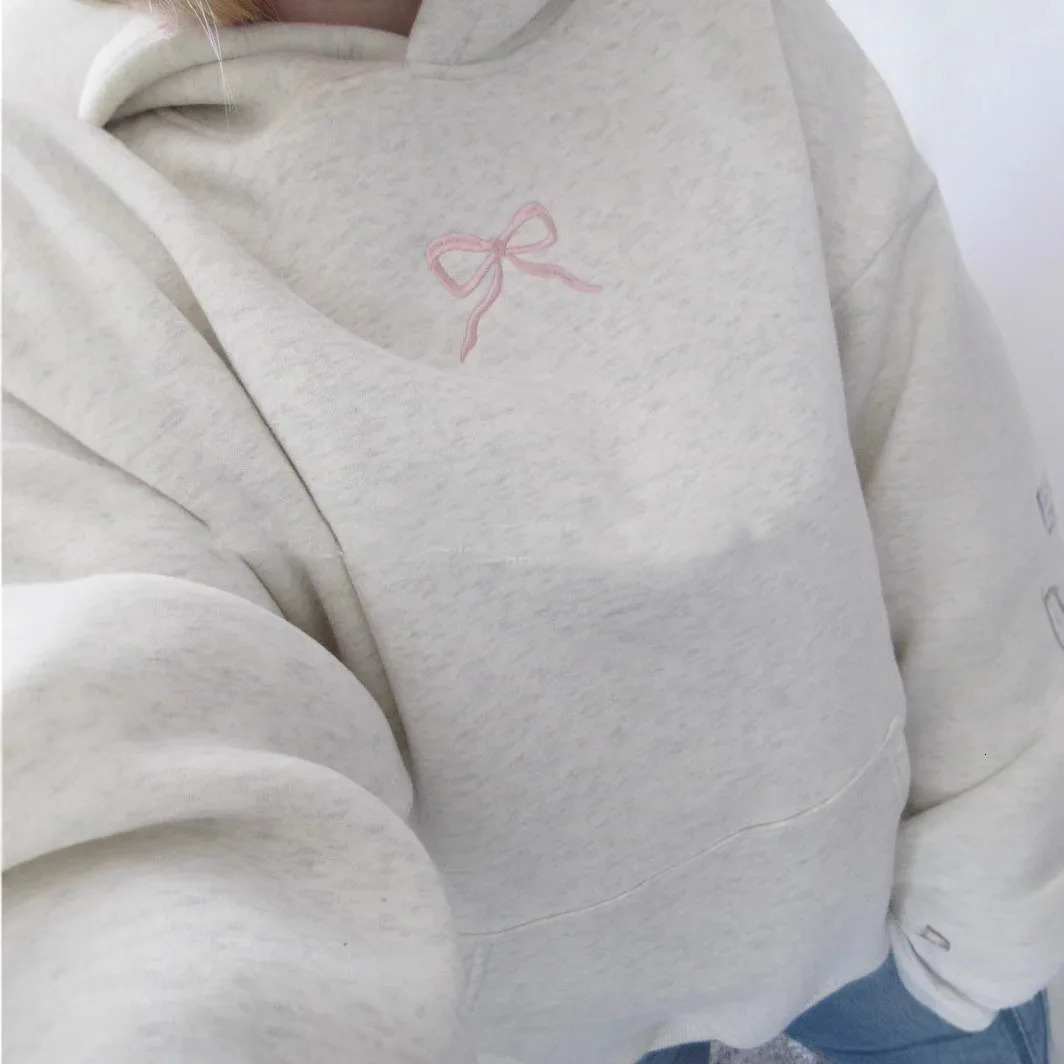 Y2K Harajuku Vintage Streetwear Shell Bow Embroidery Grey Hoodie Jumper Fairy Tale Core Kawaii Women Sweatshirt Fall Top Hoody 250709