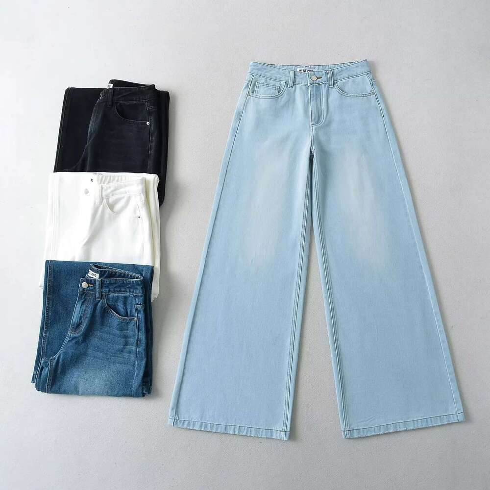 American Style INS Hot Girl Low Waist Loose Slimming Wide Leg Jeans Women Washed Versatile Denim Flared Floor-Length Pants B5