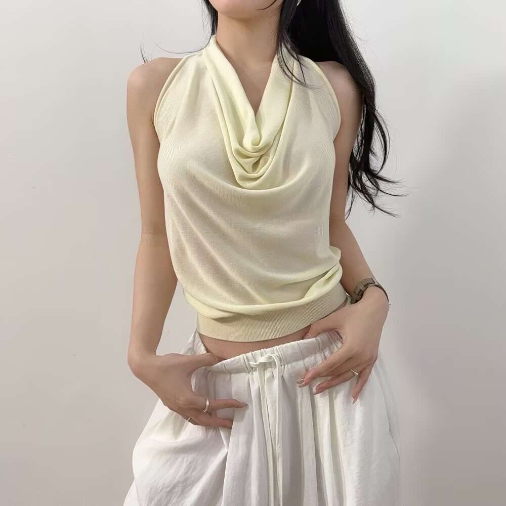 Pure Desire Temperament Off-Shoulder Sleeveless Swing Neck Top For Women Summer Hot Girl Big Backless Solid Color Knitted Vest B5