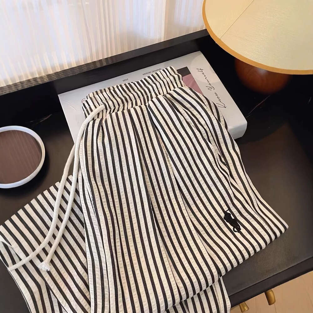 Fashion Vertical Striped Lazy Style Straight Wide Leg Embroidered Long Spring Autumn Casual Black White Scimitar Walking Pants For Women B5
