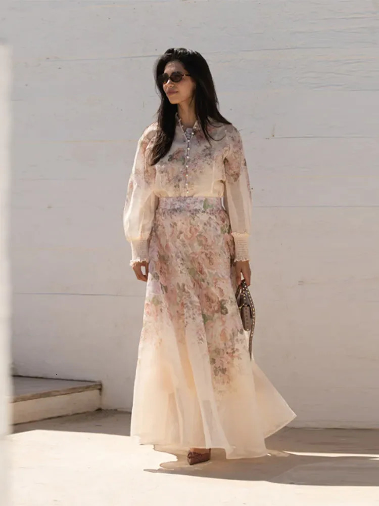 Elegant Womens Floral Maxi Skirt Set Chiffon 2Piece Suit LongSleeve HighNeck Top Matching Skirts Summer Streetwear 250709