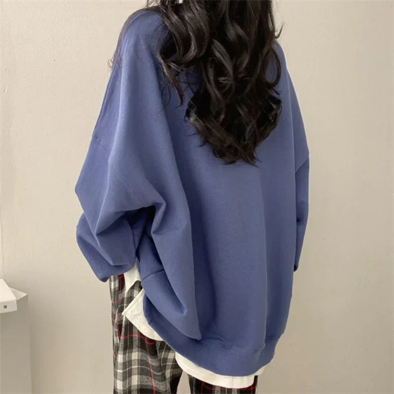Korean Patchwork Long Sleeve Loose Hoodie Women Crewneck Simple Oversize Sweatshirt Woman Drop Shoulder Casual Sportswear Female 250709