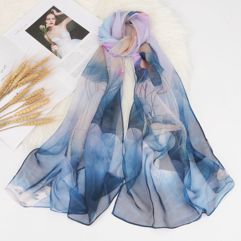 K1283 High-quality georgette printed small silk scarf for women Korean imitation silk long thin silk scarf elegant lotus decorative scarf