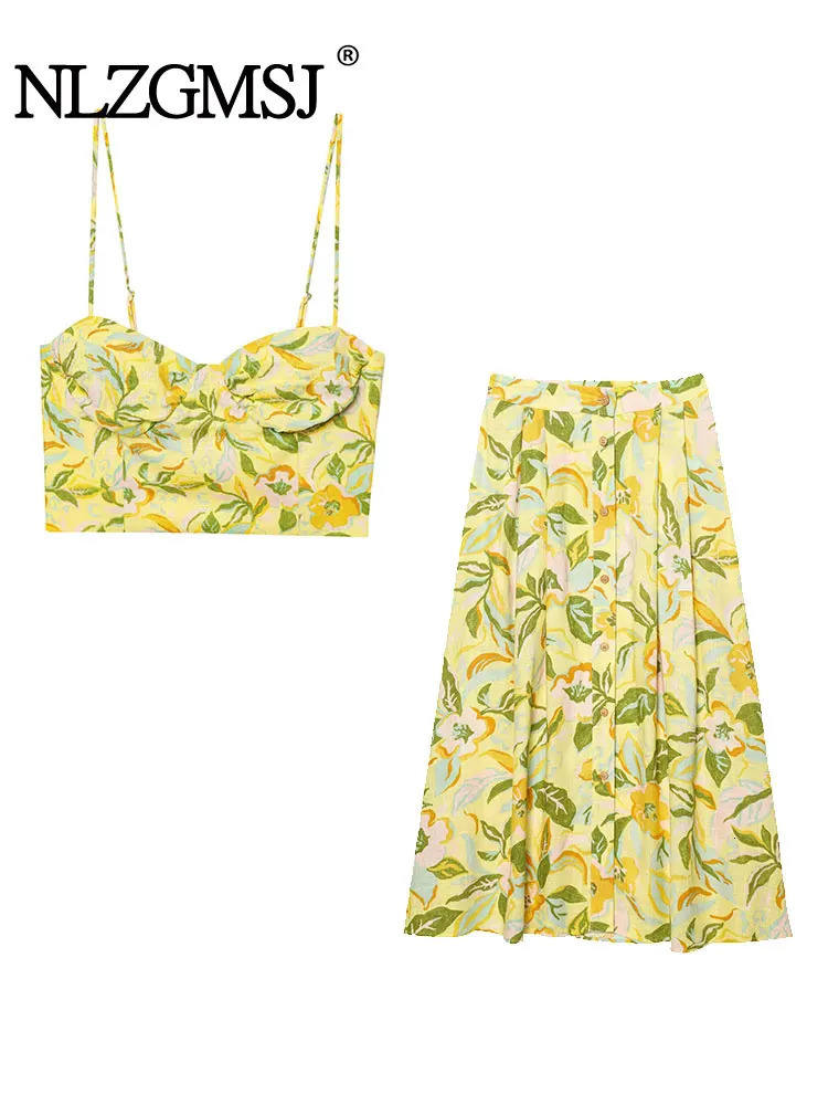 Summer Vacation Style Women Single Breasted Long Skirt Sets Fashion Printed Short Tops For 2 Piece Sets 250709