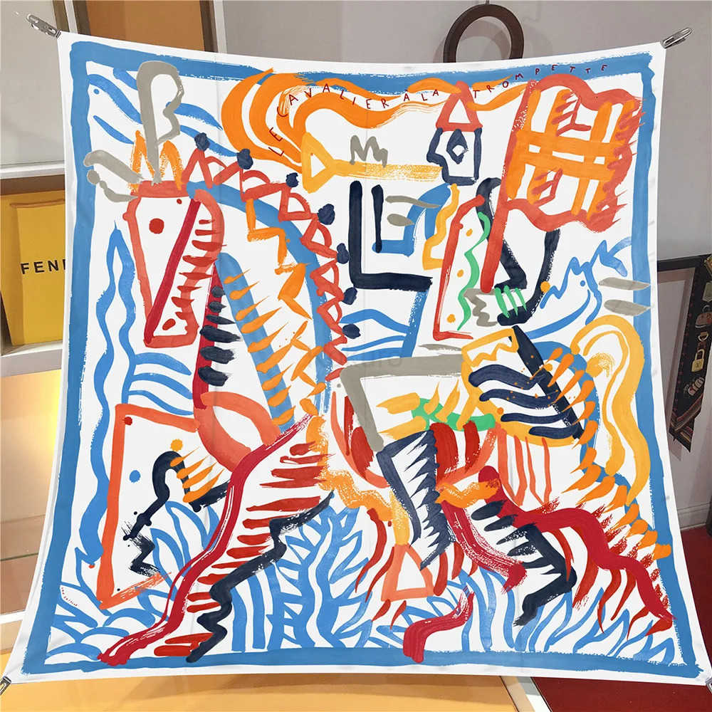 90cm Twill Silk Scarf Shawl Luxury Graffiti Horse Print Square Scarves Women Hijabs Bandana Foulard Neckerchief Head Scarves M250709